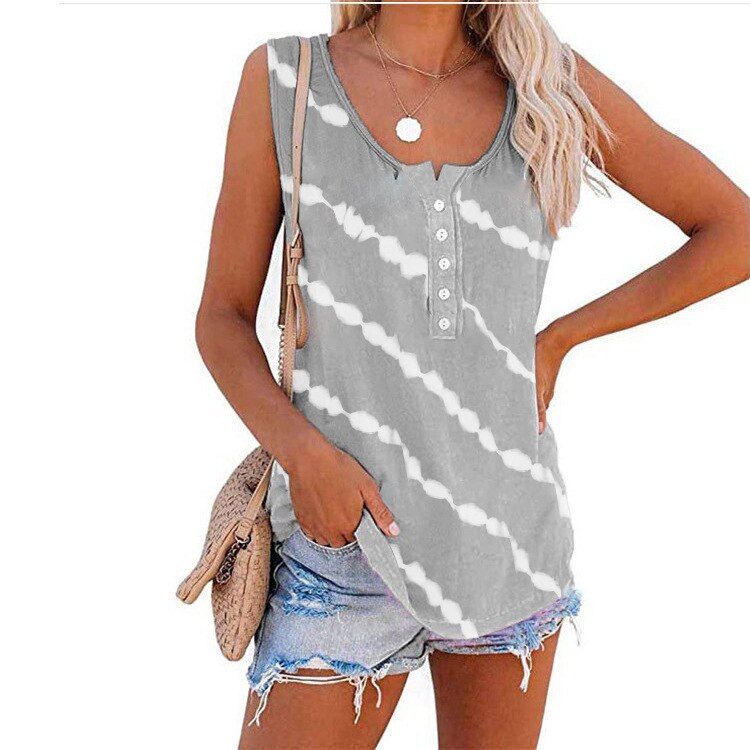 T-shirt women new summer comfortable leisure inclined stripe T-shirt sleeveless collar buttons stripe tshirt MYJ168128