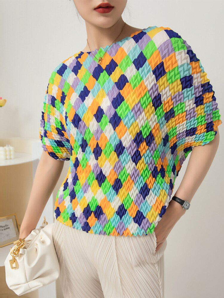 Pleated Color Block T-shirt Women Summer Short Batwing Sleeves Plaid Printing Chic Shirt Female Fashion Top