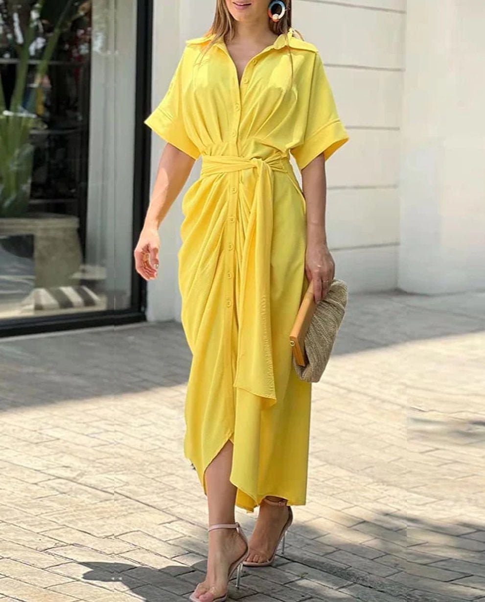 Fashionable Women's High-Waisted Single-Button Long Sleeveless Shirt Dress with Turn-Down Collar and Mid-Length Cut