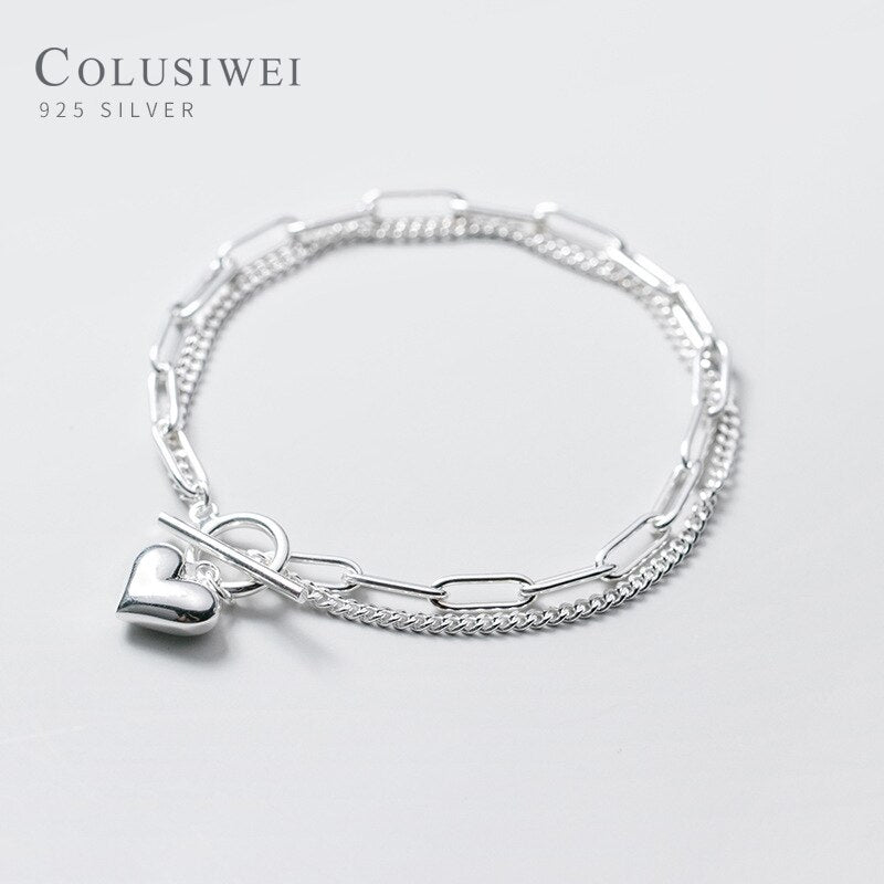 Colusiwei High-Quality 925 Sterling Silver Romantic Hearts Double Layer Chain Geometric Bracelet Bangle for Women Fine Jewelry