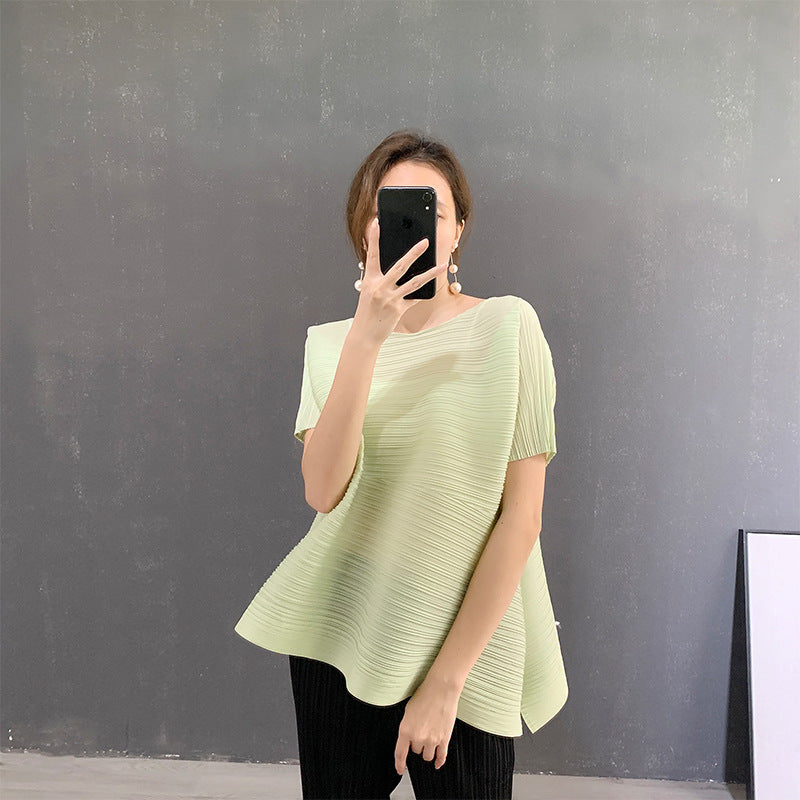 Pleated Summer Niche Design T-Shirt Loose Irregular Short-Sleeve Top for Women