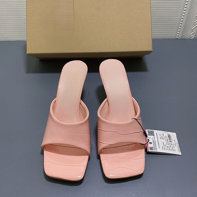 Summer New Women's Shoes Square Toe Open Toe Mid-Heel Patent Leather Sandals Shaped Thick Heel High-Heeled Slippers Designer Shoes