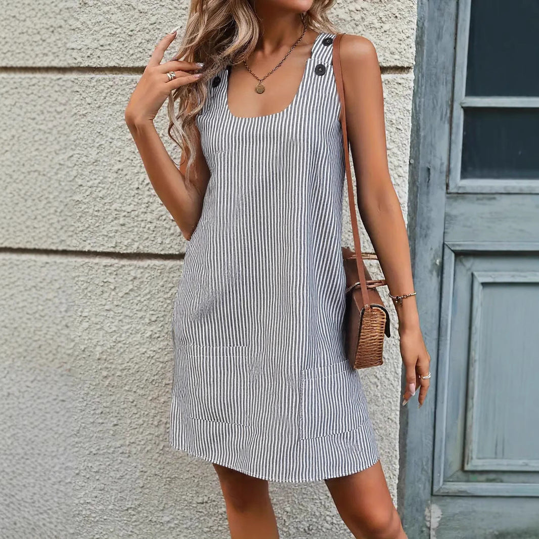 Striped summer round neck button back pocket casual dress