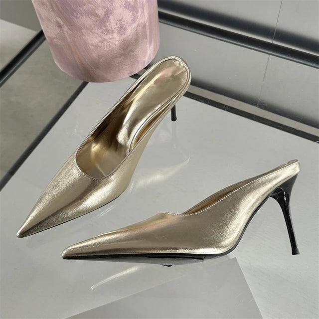 Eilyken Spring Fashion Gold Silver Pointed Toe Women Slippers Sexy Thin Heels Sandals Stripper Banquet Mule Female Shoes