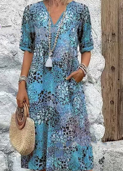 Fashionable Style Printed Lace Trimmed V-Neck Short Sleeve Dress