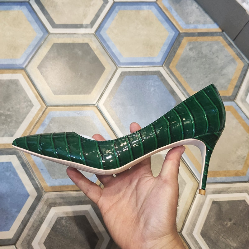 Tikicup Green Crocodile Effect Women Pointy Toe High Heels 8cm 10cm 12cm Customize Ladies Sexy Stiletto Pumps Club Party Shoes