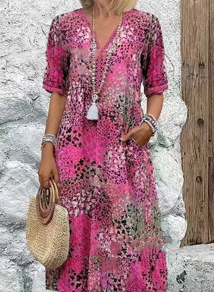 Fashionable Style Printed Lace Trimmed V-Neck Short Sleeve Dress