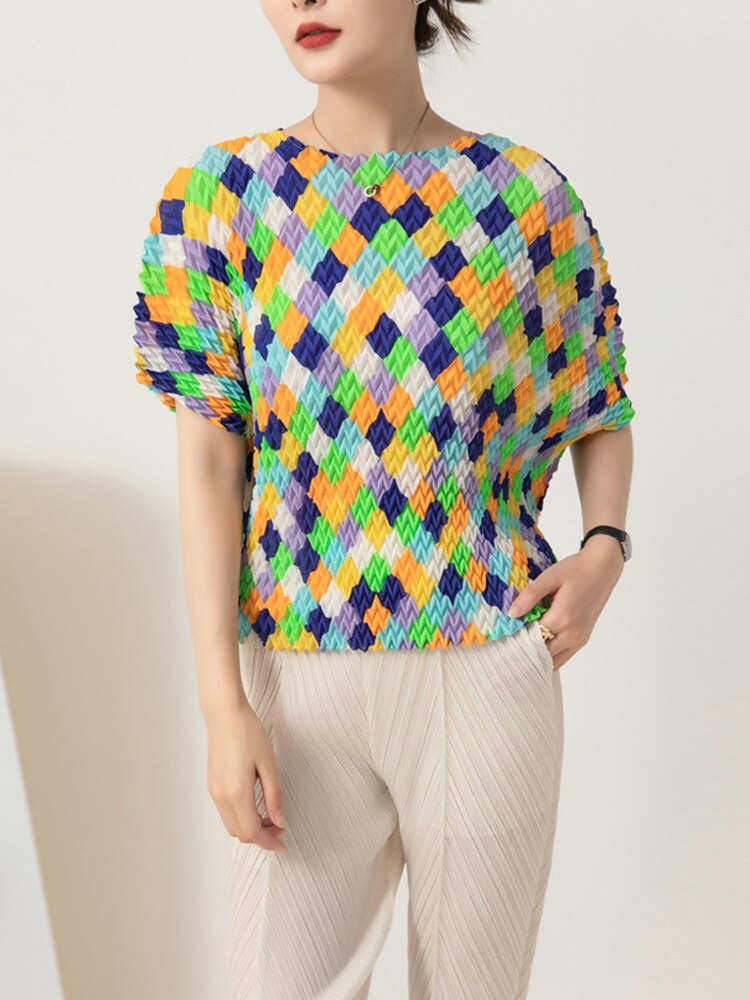 Pleated Color Block T-shirt Women Summer Short Batwing Sleeves Plaid Printing Chic Shirt Female Fashion Top