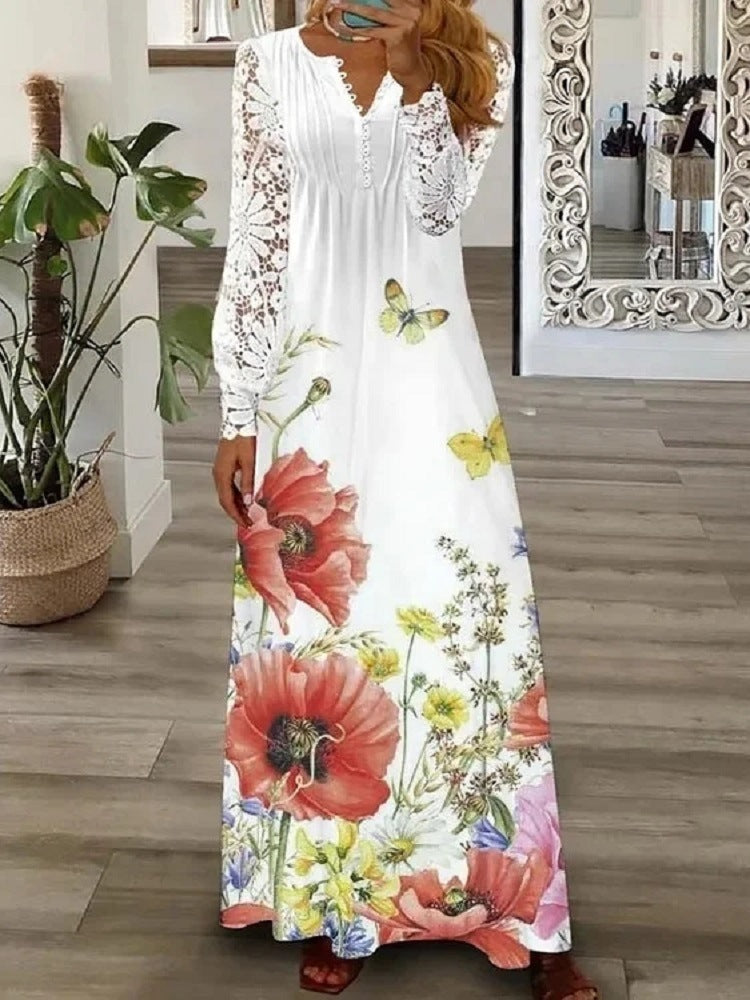 Fashion Printed Ruffle Long Sleeve Dress for Women Casual Summer Style Elegant Floral Design, One-Piece Dress
