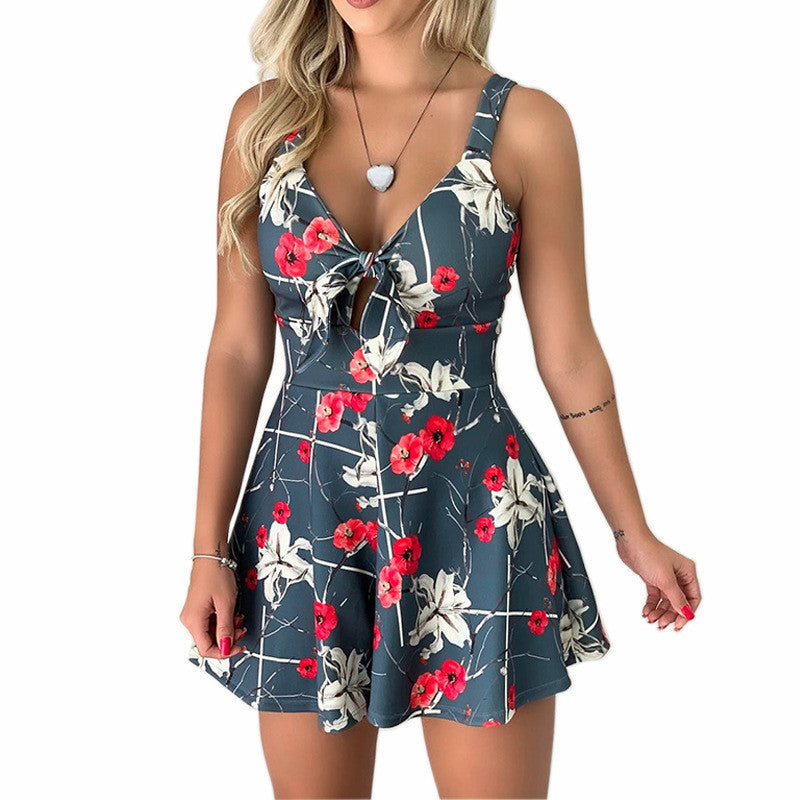 New Sexy Strappy Bow-Tied Print Loose Fit Romper Shorts