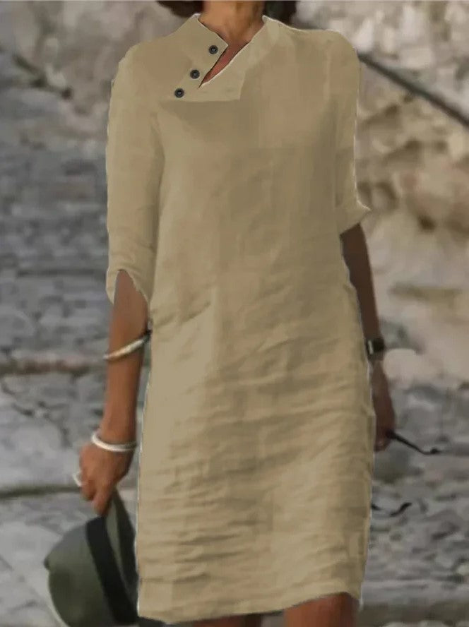 Casual Stand-up Collar Buttoned Linen Cotton Solid Color Mid-length Sleeve Dress