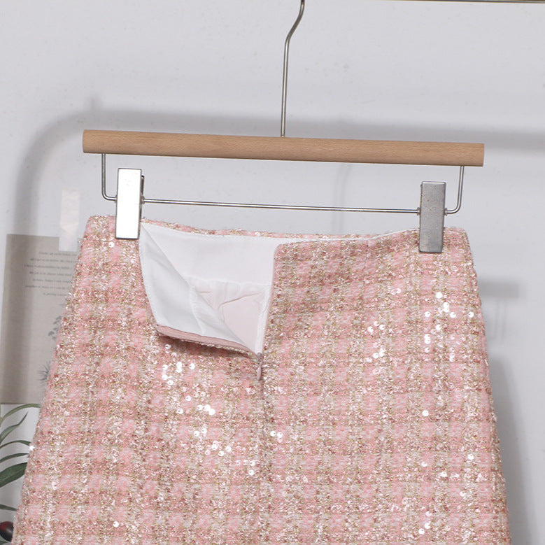 Sparkling woolen sequin one-step hip hugging skirt