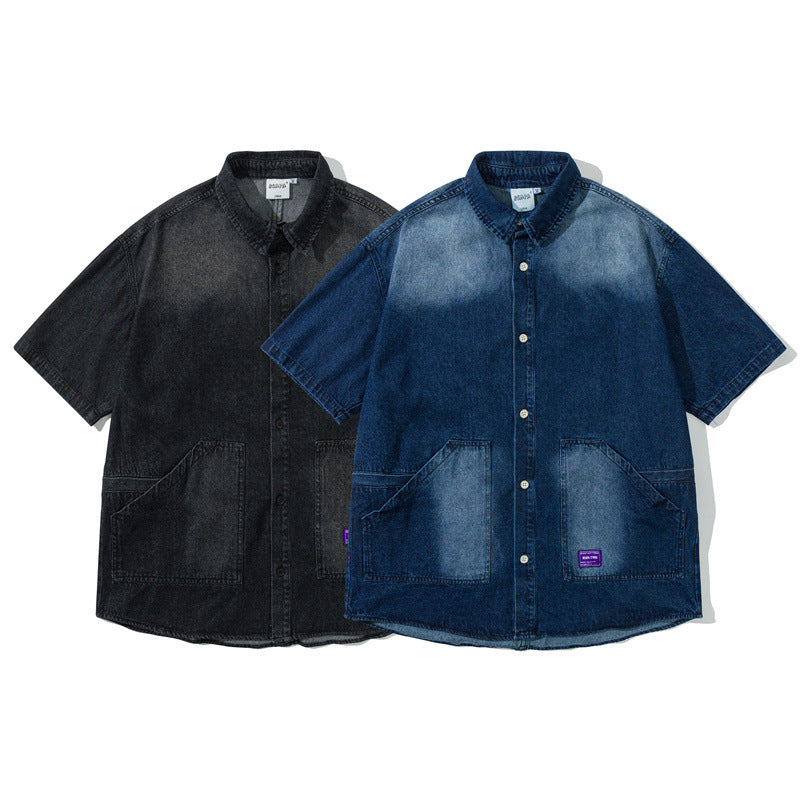 Washed and worn casual denim shirt with short sleeves for men