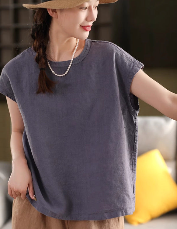 Hemp Top Retro Crew Neck Short Sleeve Loose Solid Color Versatile Literary T-Shirt