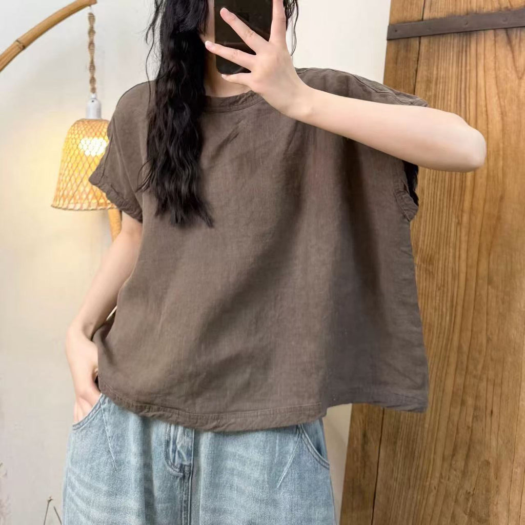 Heavyweight Hemp Blouse Shirt Casual Loose Mid-Sleeve Pullover Literary White Slimming