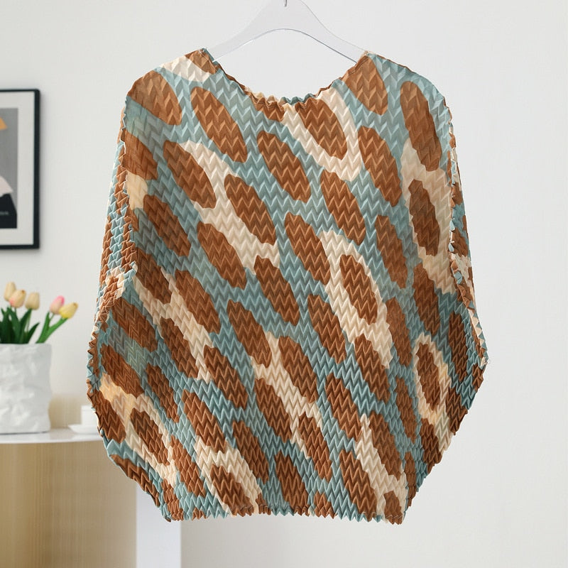 Pleated Color Block T-shirt Women Summer Short Batwing Sleeves Plaid Printing Chic Shirt Female Fashion Top
