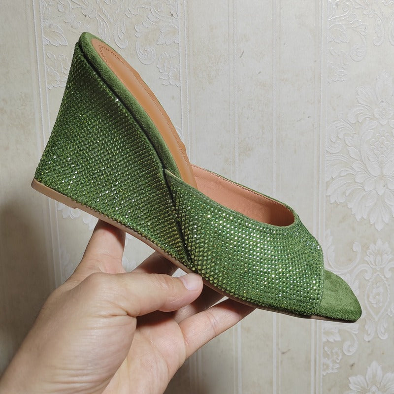 Women's Summer Crystal-embellished Sandals Sexy Peep Toe Wedge Heel Mules Slip-on High Heel Slippers Ladies Bling Party Shoes
