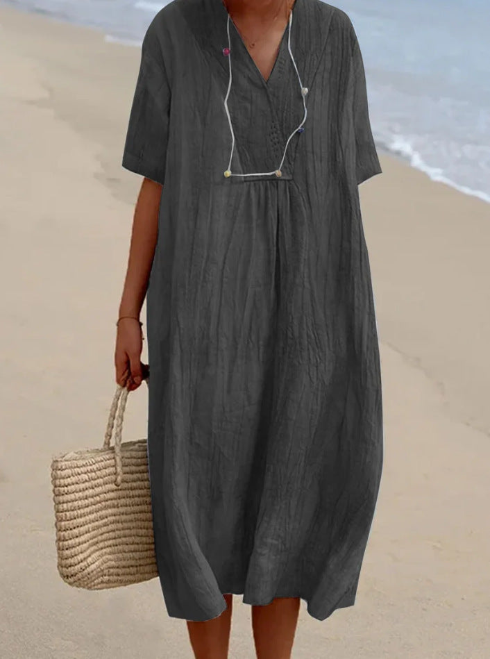 Women's Casual Slimming Pure Colour Linen Cotton Dress, Versatile and Fashionable