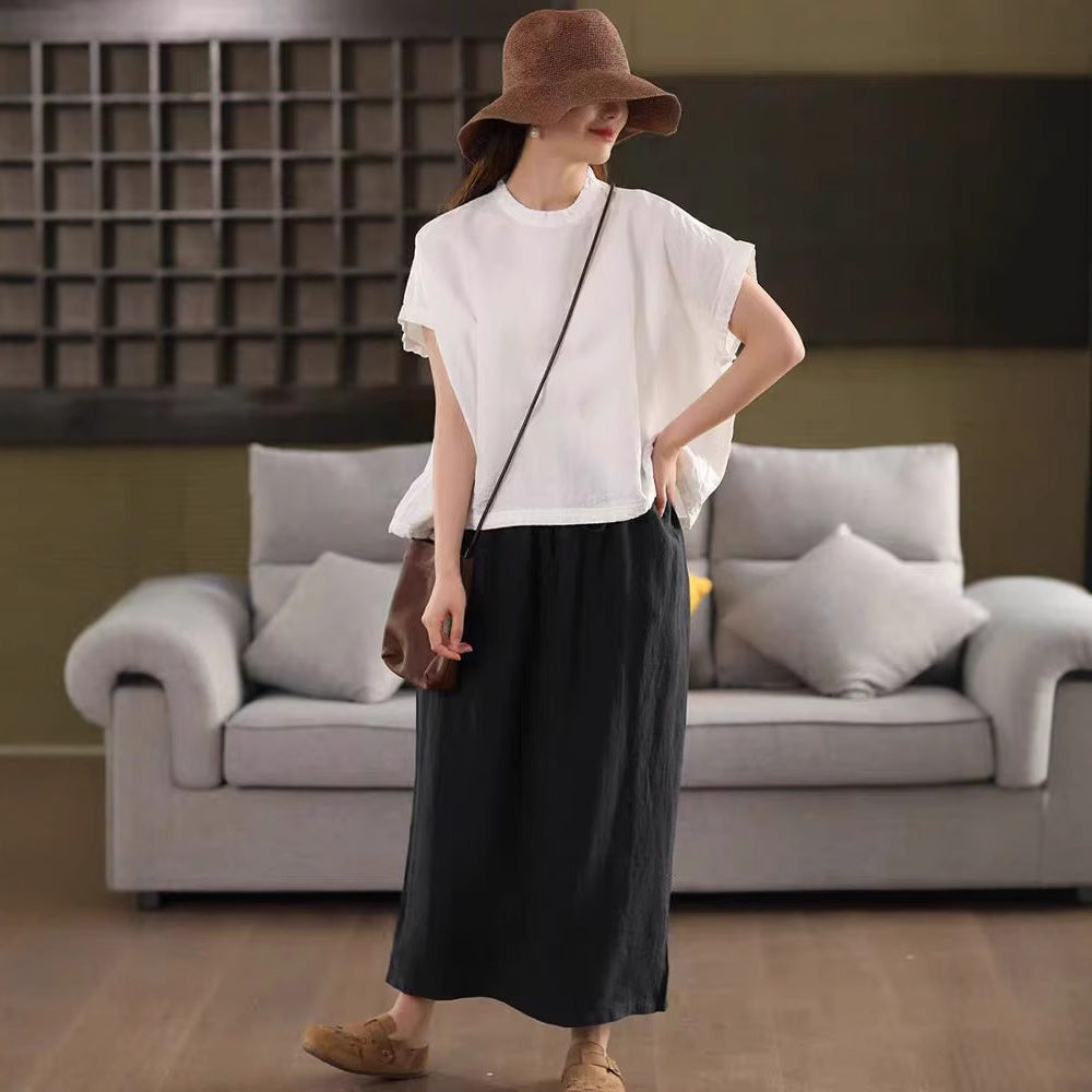 Heavyweight Hemp Blouse Shirt Casual Loose Mid-Sleeve Pullover Literary White Slimming