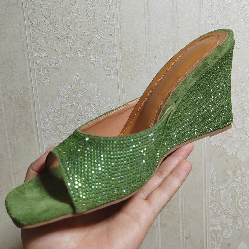 Women's Summer Crystal-embellished Sandals Sexy Peep Toe Wedge Heel Mules Slip-on High Heel Slippers Ladies Bling Party Shoes