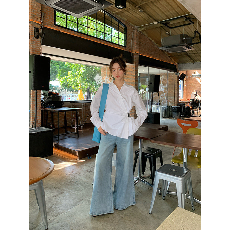 Women's waist-cinched long-sleeved shirt