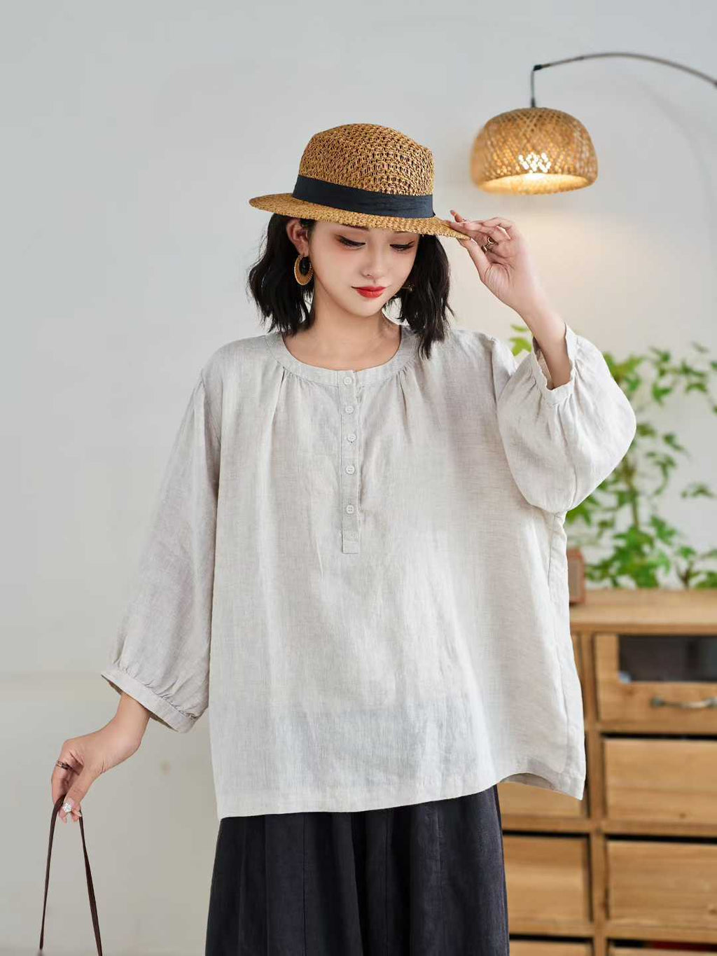 Vintage Sand-Washed Linen Blouse Women's Elegant Round Neck Three-Quarter Sleeve Loose Pullover Top Summer