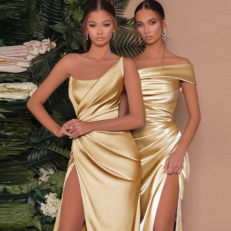 Elegant temperament satin off shoulder sexy women's summer dress