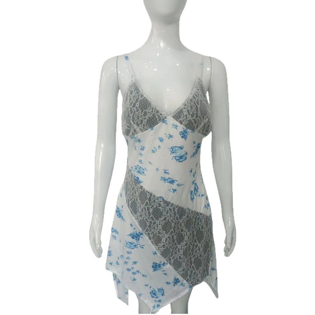Deep V collage lace sexy suspender slit dress for women