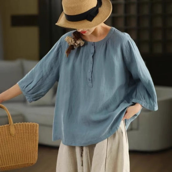 Vintage Sand-Washed Linen Blouse Women's Elegant Round Neck Three-Quarter Sleeve Loose Pullover Top Summer
