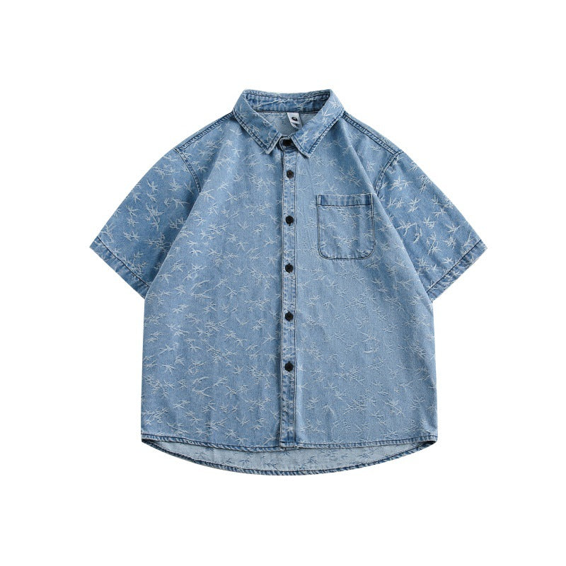 Loose and washable jacquard denim shirt with patch pocket design