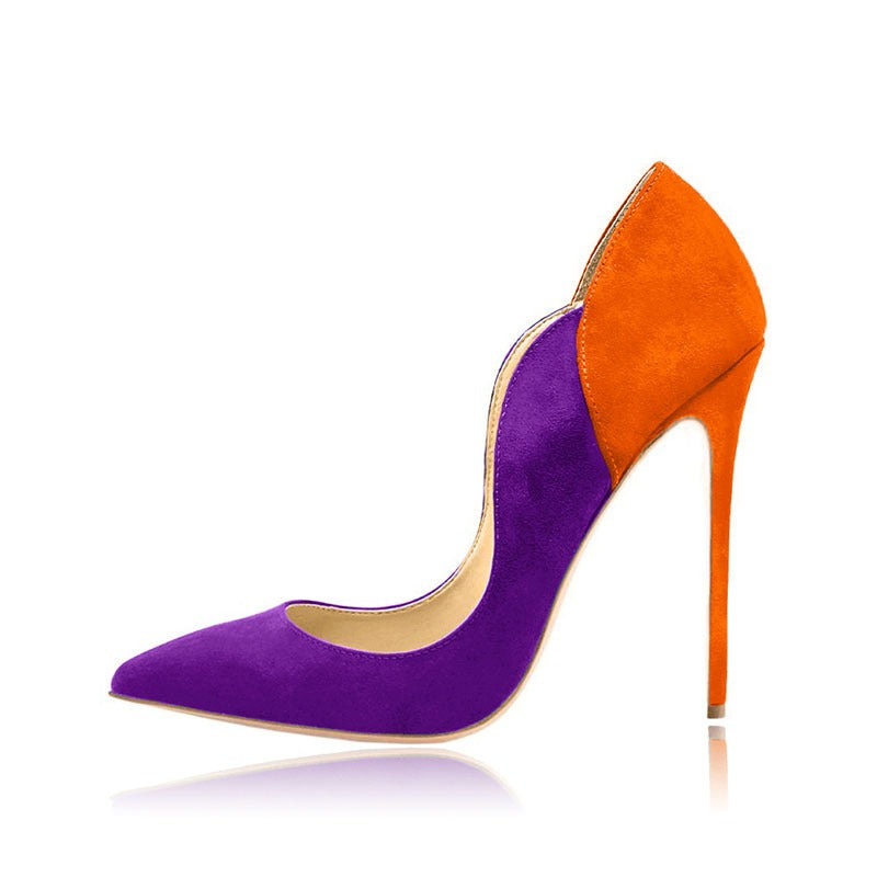 Pointed shallow cut hoodie, slim heel, ultra-high heel, sexy single shoe, color blocking women's shoes