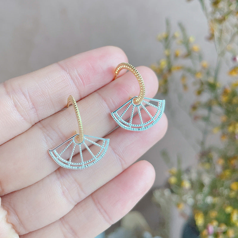 Japanese Style New Lace Hollow Design Sense Silver Hollow Coin Fan Earrings Half-Circle Arc Earrings