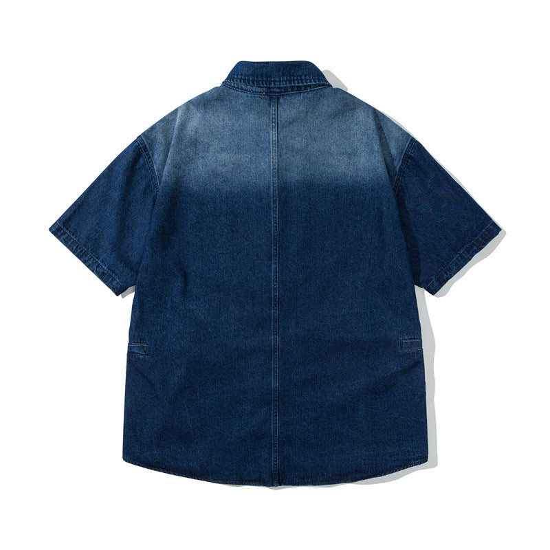 Washed and worn casual denim shirt with short sleeves for men
