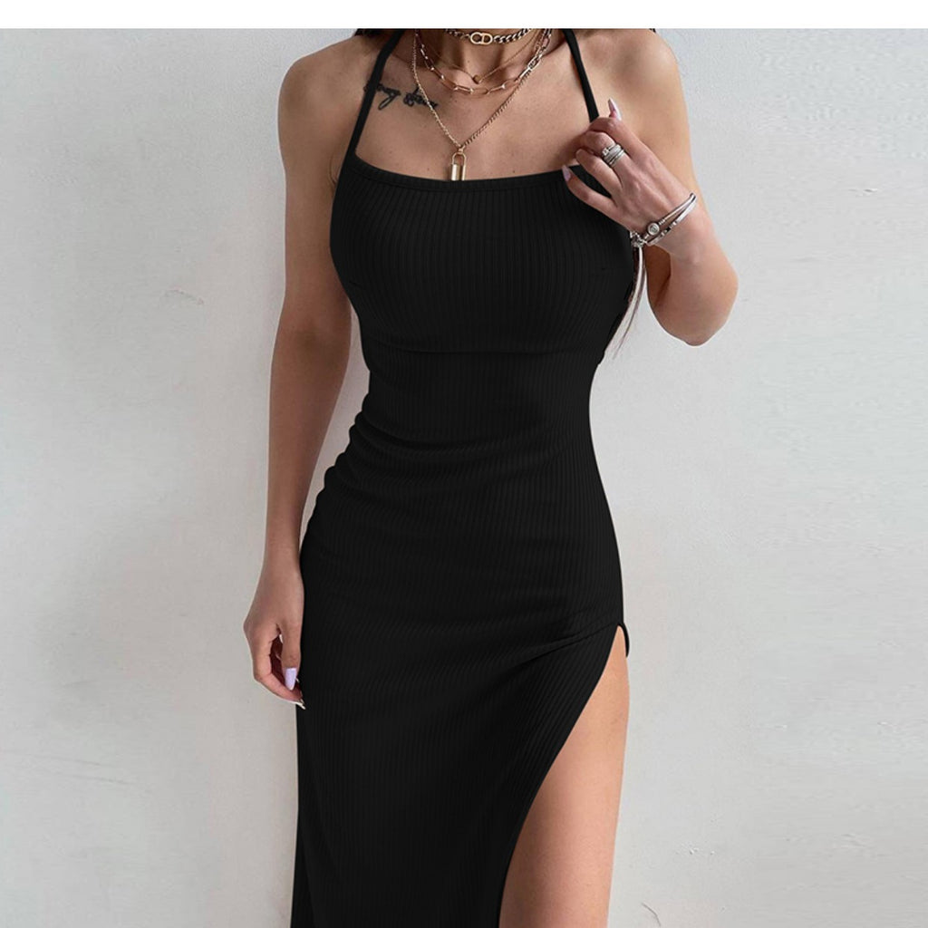 Casual vacation style strappy backless solid color long skirt