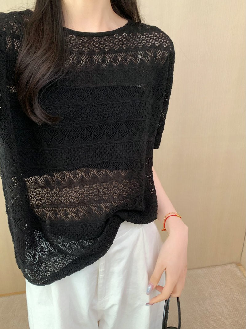 Hollow Floral Knit T-Shirt Women's Loose Fit Short Sleeve Top