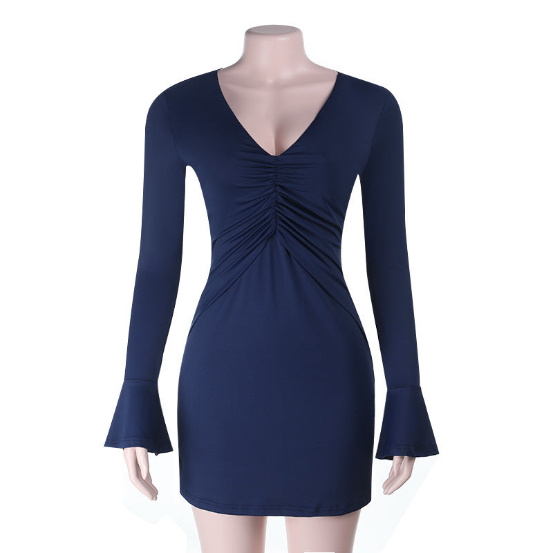V-neck pleated backless long sleeved mini slim fit hip hugging skirt