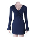 V-neck pleated backless long sleeved mini slim fit hip hugging skirt