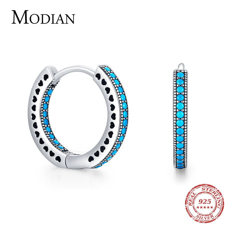 MODIAN Heart To Heart Ear Buckle Pure 925 Sterling Silver Vintage Turquoise Hoop Earrings For Women & Girls Fine Jewelry Gifts
