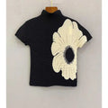 Thin pleated top short sleeved slim fit stretchy three bedroom printed casual T-shirt women's small shirt