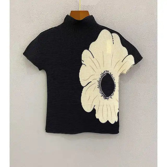 Thin pleated top short sleeved slim fit stretchy three bedroom printed casual T-shirt women's small shirt