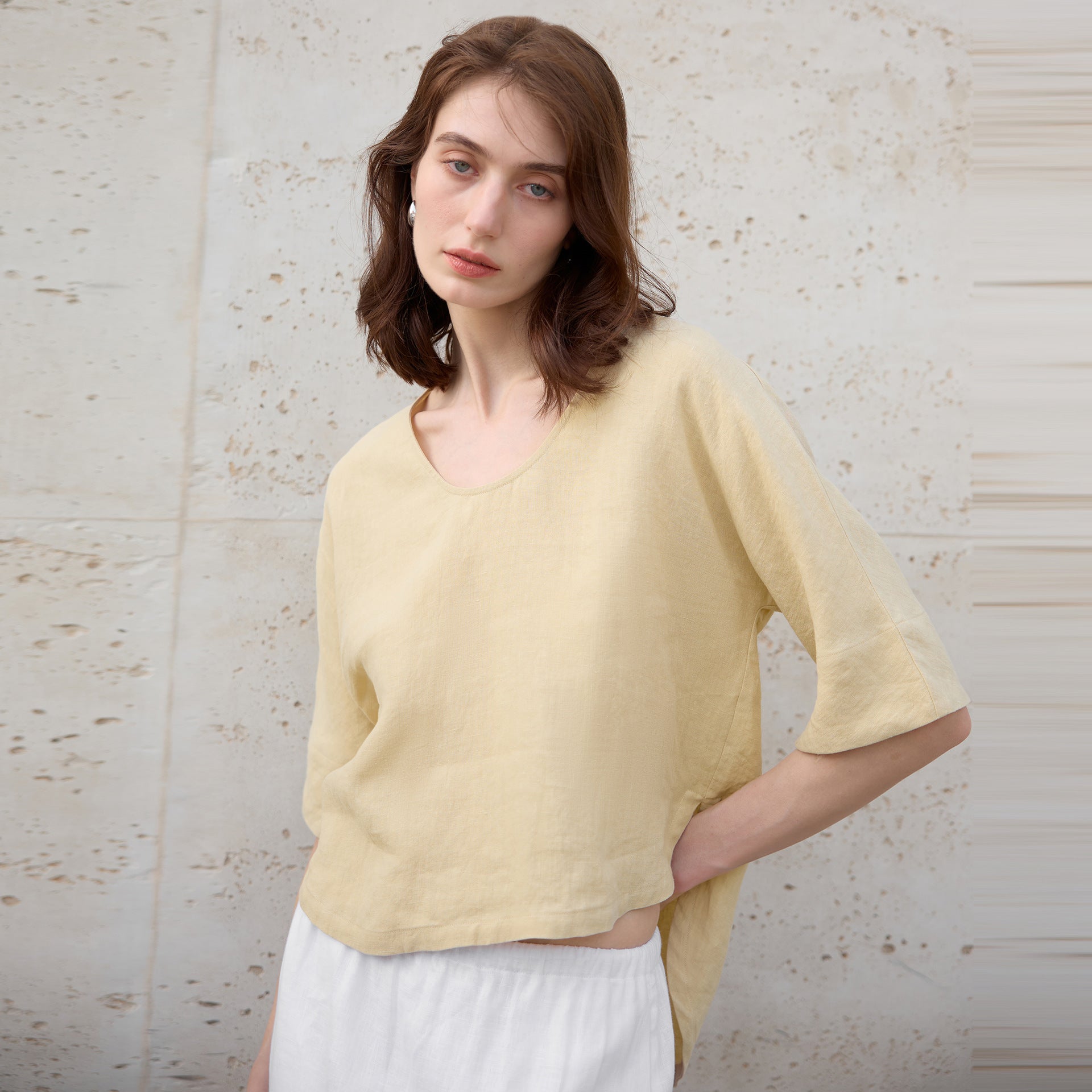 Olive Green Hemp Top Loose Large Size Five-Quarter Sleeve Women's Summer Cotton Linen Mid-Sleeve T-Shirt