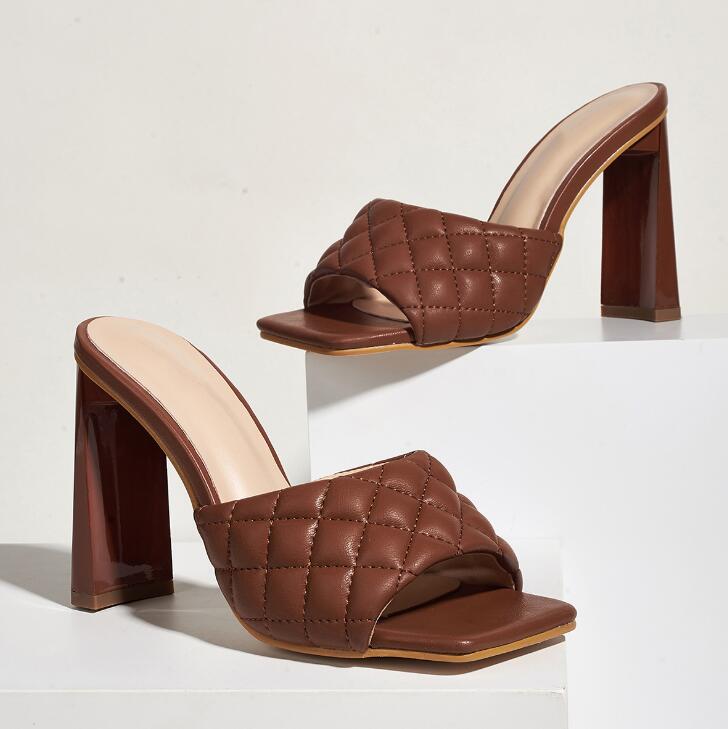 Summer Comfortable Soft Pu Leather Women Mules Slippers Outdoor Fashion Square Head High Heels Party Female Shoes