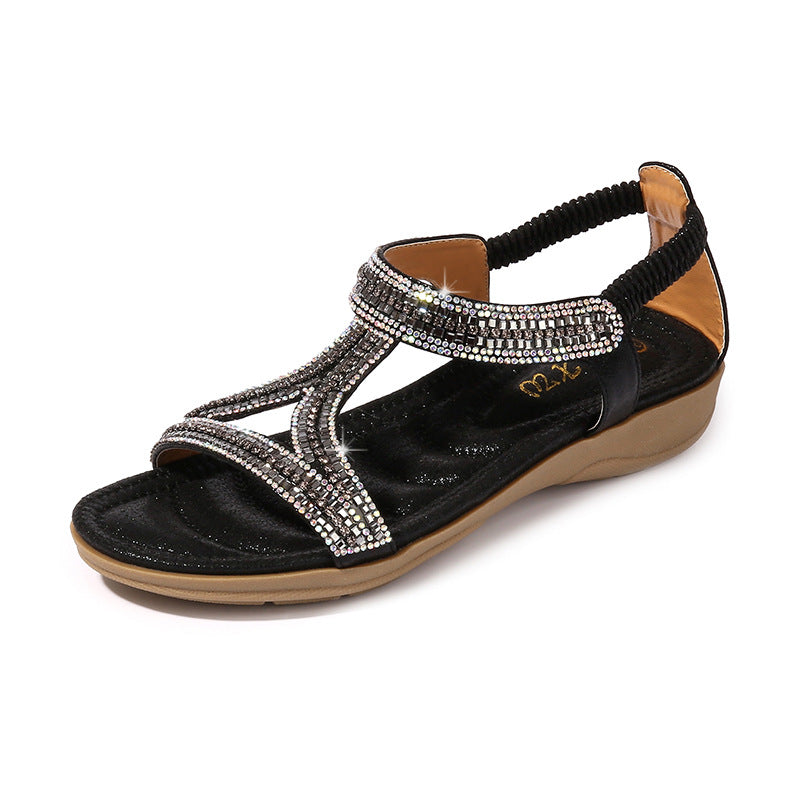 Ladies Shoes Women's Sandals Hollow Triangle Rhinestone Sandals Soft Bottom Wedge Heel Flat Women's Shoes