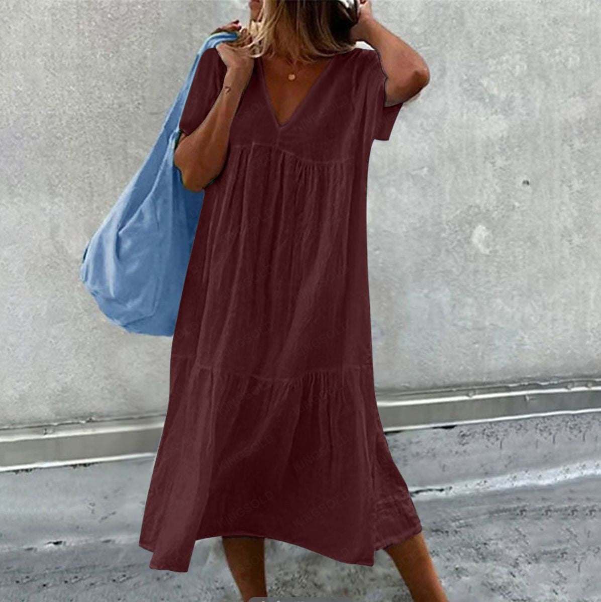 Chic Cotton Linen Mid-Length Dress for Women Round Neck Short Sleeve Casual Style