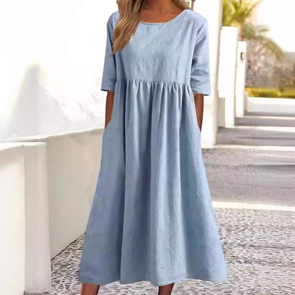 Casual Cotton Linen Short Sleeve Pocket Pleated Loose Round Neck Dress