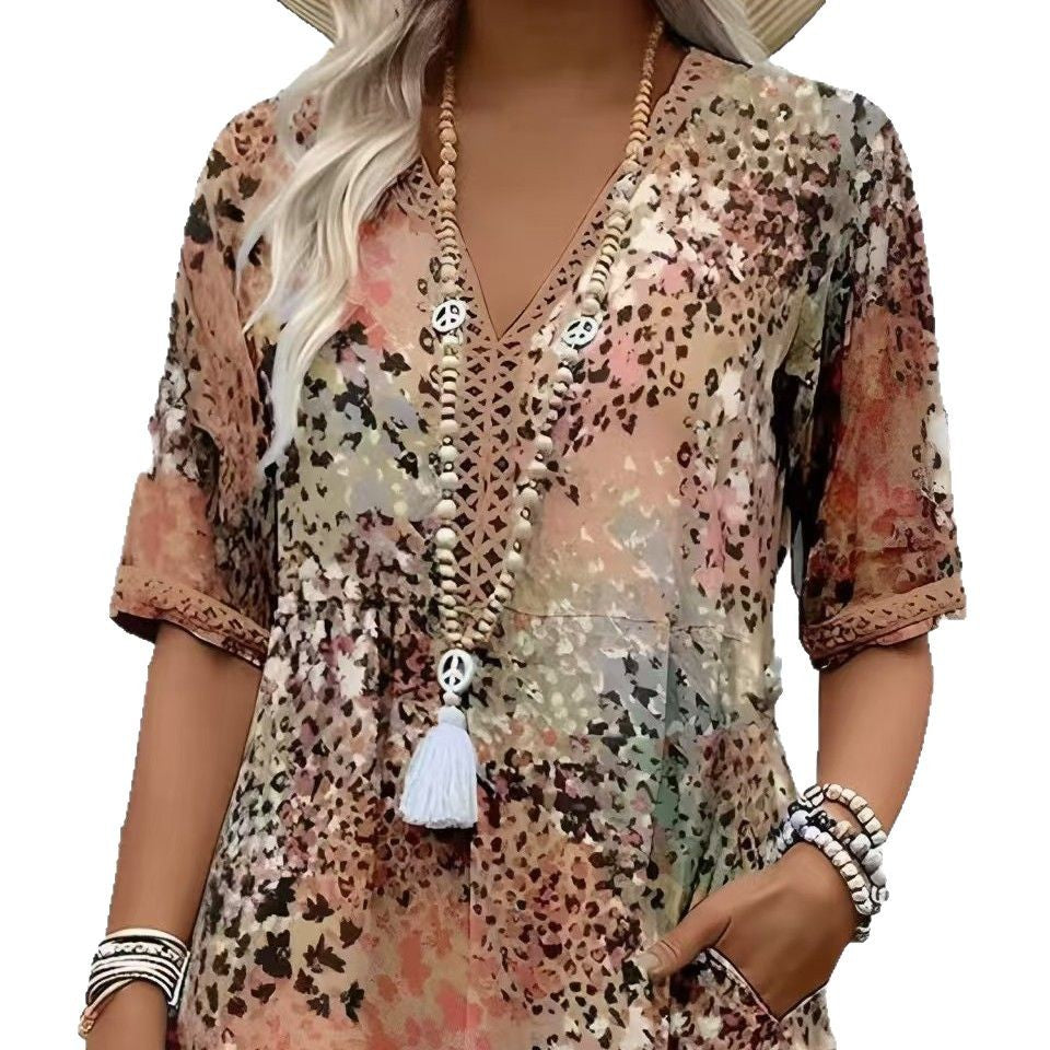 Fashionable Style Printed Lace Trimmed V-Neck Short Sleeve Dress