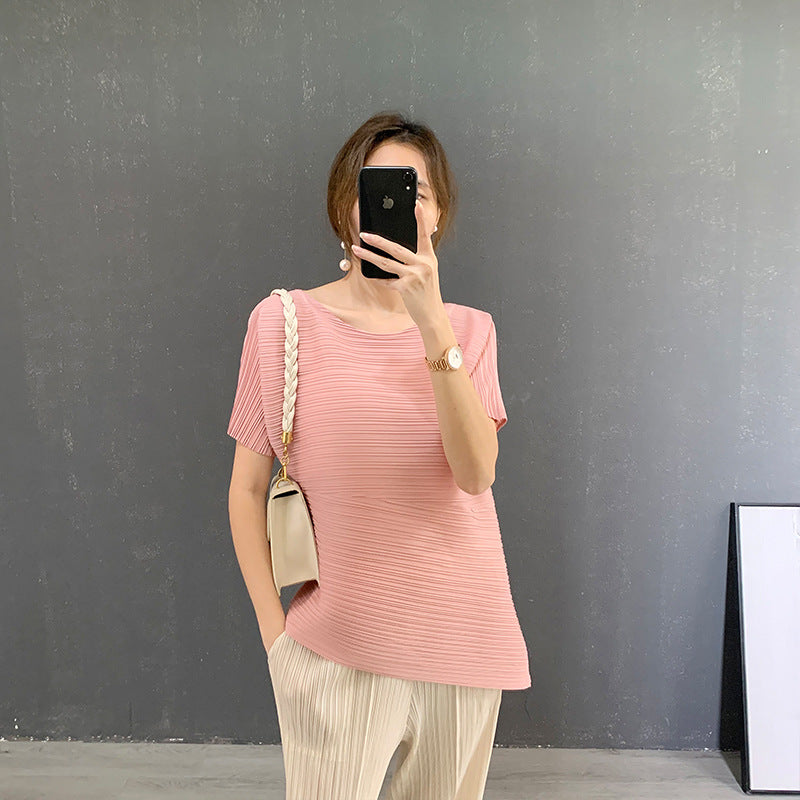 Pleated Summer Niche Design T-Shirt Loose Irregular Short-Sleeve Top for Women