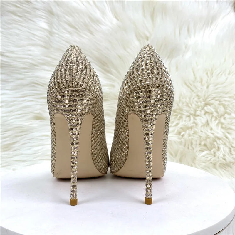 Plaid Glitter Gold Sequined Women's Pointy Toe High Heels Classic Wedding Party Shoes Shiny Bling Slip On Stiletto Pumps