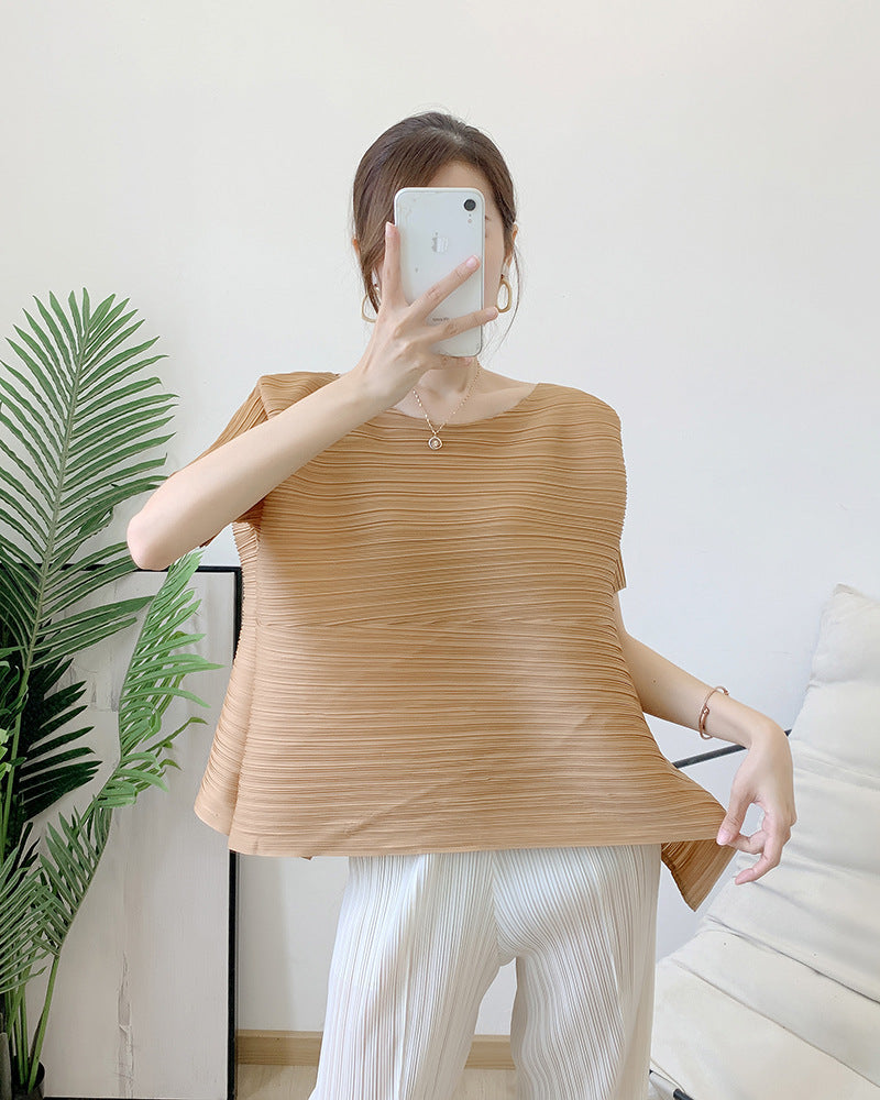 Pleated Summer Niche Design T-Shirt Loose Irregular Short-Sleeve Top for Women