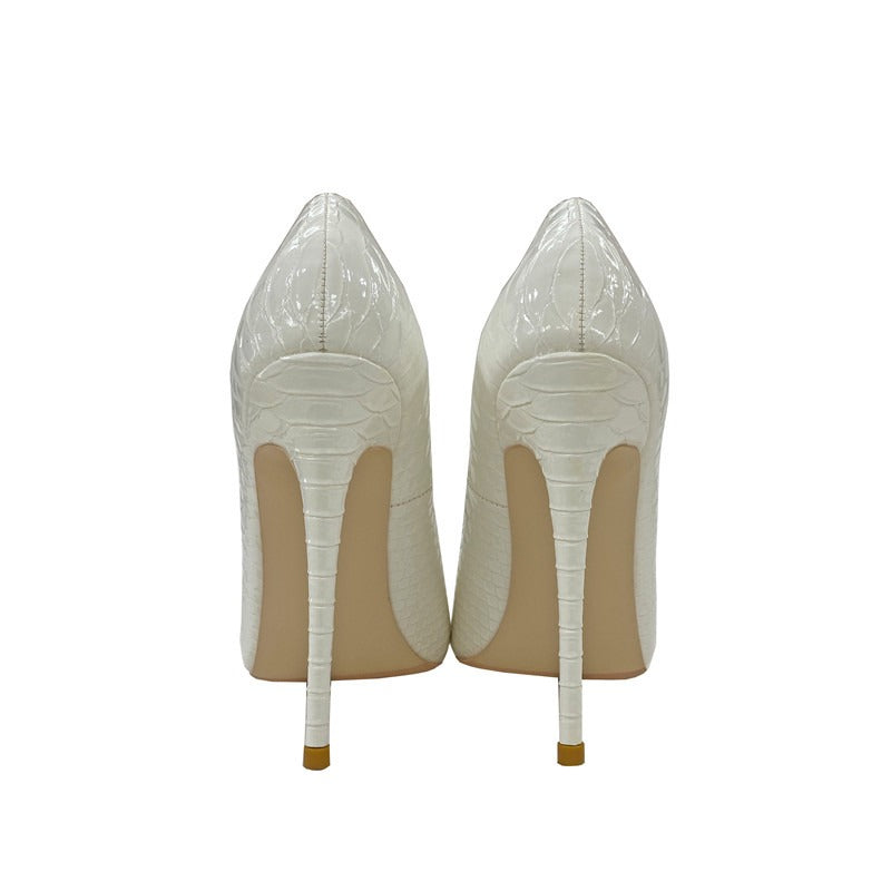 Snake skin patterned socialite high heels, thin heeled pointed toe, shallow mouthed soft leather women's single shoes
